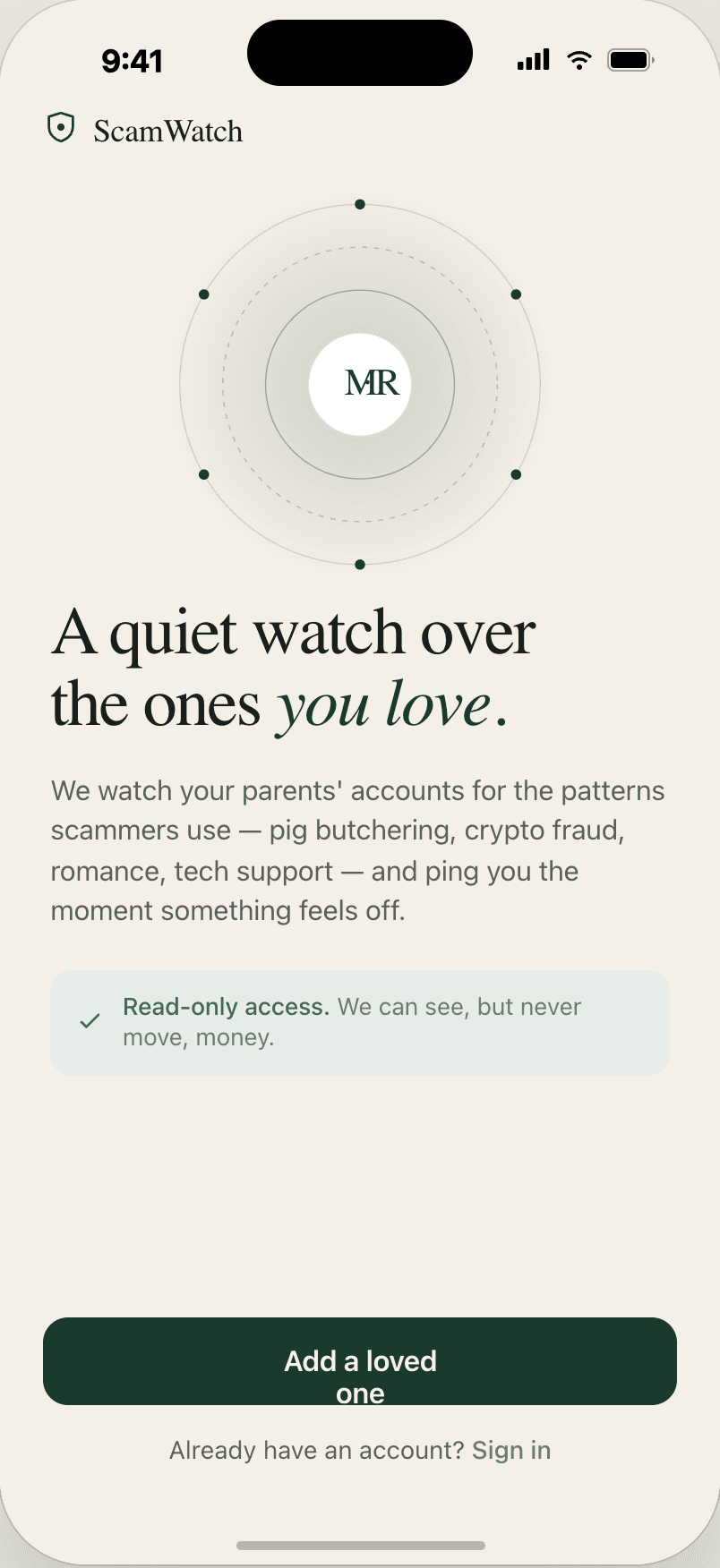 Watchover welcome screen