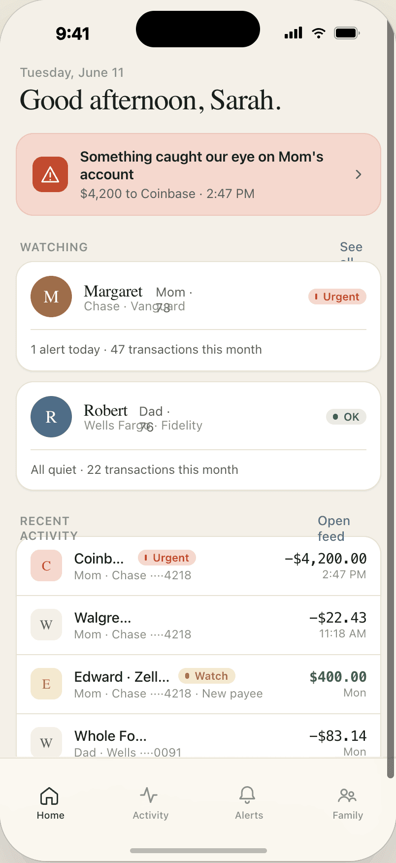 Watchover dashboard showing watched family members and recent activity