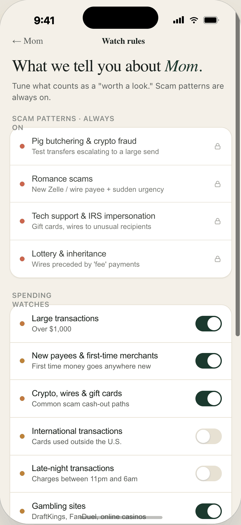 Watch rules screen with toggles for spending watches