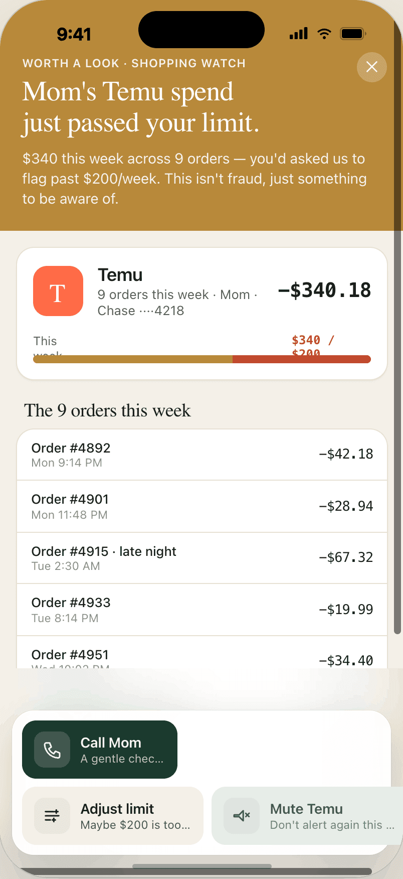 A gentle shopping-watch alert showing weekly spend against a limit